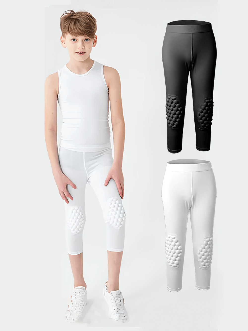 Kids wearing Sports Anti-collision Compression Leggings for Kids - SF3621 featuring padded knee protection.